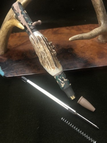 Hand Turned Bolt Action Baked Ceramic Woodland Camo Finish With Roe Deer Antler