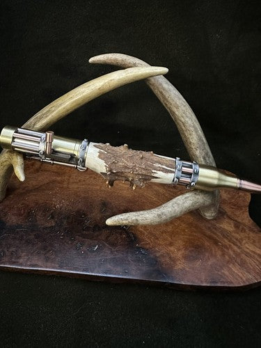 Handmade Bolt Action STEAMPUNK Pen Antique Brass And Copper W/Roe Deer Antler!