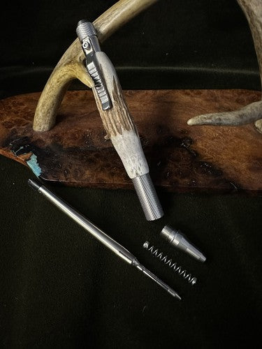 Hand Turned EDC Anvil Ballpoint Click Pen Stainless Finish With Roe Deer Antler