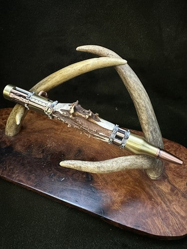 Handmade Bolt Action STEAMPUNK Pen Antique Brass And Copper W/Roe Deer Antler!