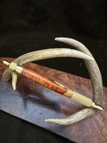 Hand Turned EDC Anvil Ballpoint Click Pen Brass Finish With Amboyna Burl Wood