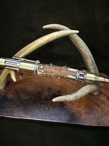 Handmade Bolt Action STEAMPUNK Pen Antique Brass And Copper W/Roe Deer Antler!