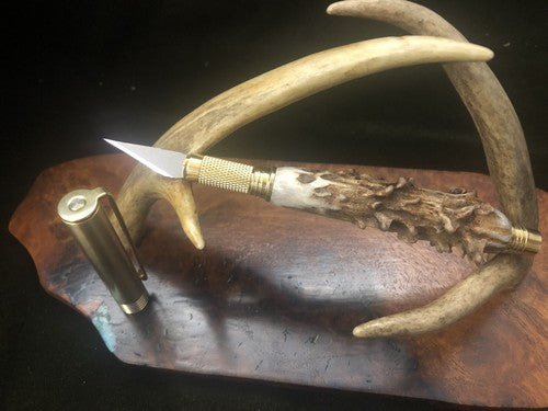 Hand Turned Craft and Hobby Knife With Roe Deer Antler Brass Finish