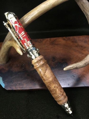 Hand Turned Firefighters Pen Made With Black Ash Burlwood Polish Brass &Red