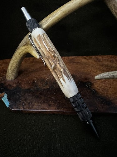 EDC Click Pen Black  Aluminum 6061-T6 Ballpoint Handmade Pen Roe Deer Antler