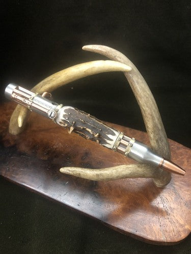 Handmade Bolt Action STEAMPUNK Pen Antique Copper & Pewter W/Roe Deer Antler!
