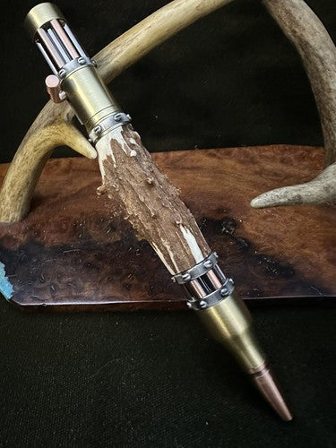 Handmade Bolt Action STEAMPUNK Pen Antique Brass And Copper W/Roe Deer Antler!