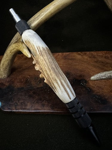 EDC Click Pen Black  Aluminum 6061-T6 Ballpoint Handmade Pen Roe Deer Antler
