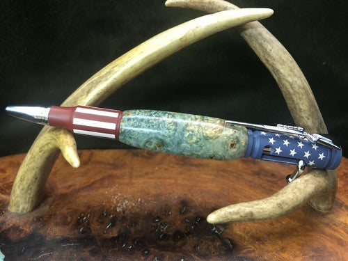 Hand Turned Bolt Action Ceramic Finish Stars And Stripes Pen W/ Box Elder Burl
