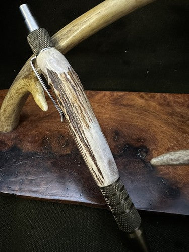 EDC Click Burnt Bronze Aluminum 6061-T6 Ballpoint Handmade Pen Roe Deer Antler