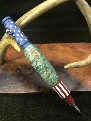 Hand Turned Bolt Action Ceramic Finish Stars And Stripes Pen W/ Box Elder Burl