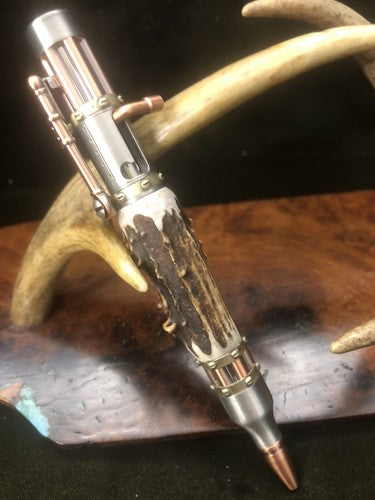 Handmade Bolt Action STEAMPUNK Pen Antique Copper & Pewter W/Roe Deer Antler!