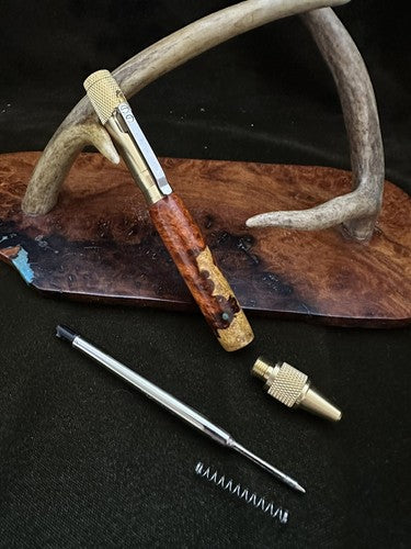Handmade Ballpoint Clip Bolt Action Pen   Amboyna Burl Wood  Solid Brass