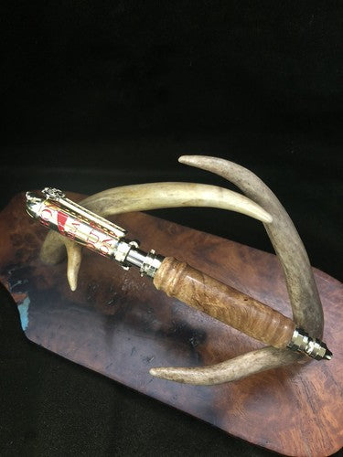Hand Turned Firefighters Pen Made With Black Ash Burlwood Polish Brass &Red