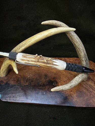 EDC Click Pen Black  Aluminum 6061-T6 Ballpoint Handmade Pen Roe Deer Antler
