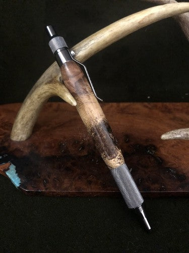 Hand Turned EDC Anvil Ballpoint Click Pen Gun Metal Finish With Post Oak Burl