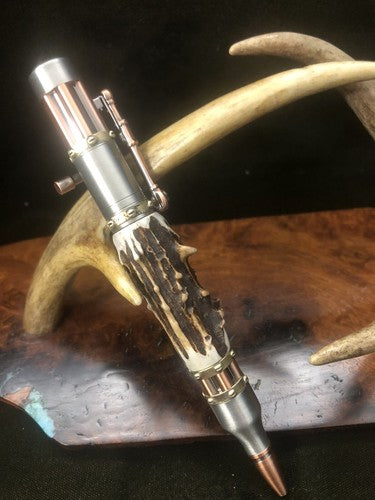 Handmade Bolt Action STEAMPUNK Pen Antique Copper & Pewter W/Roe Deer Antler!