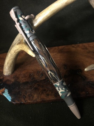 Hand Turned Bolt Action Baked Ceramic Woodland Camo Finish With Pheasant Feather