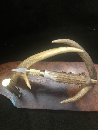 Hand Turned Craft and Hobby Knife With Roe Deer Antler Brass Finish