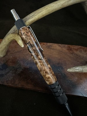 EDC Click Pen Black  Aluminum 6061-T6 Ballpoint Hand turned With Black Ash Burl