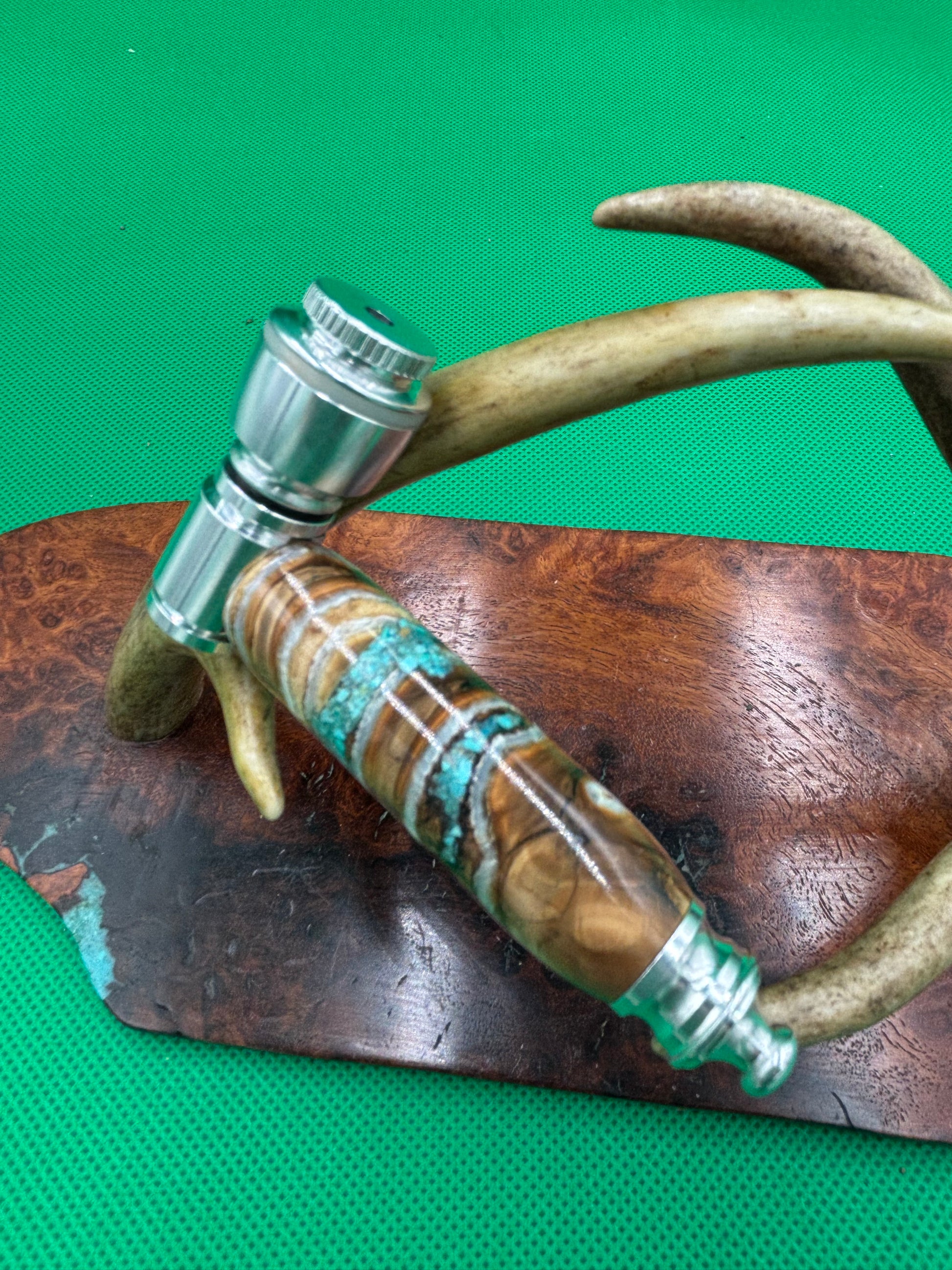 Mammoth Tooth Smoking Pipe Aluminum inlaid with turquoise