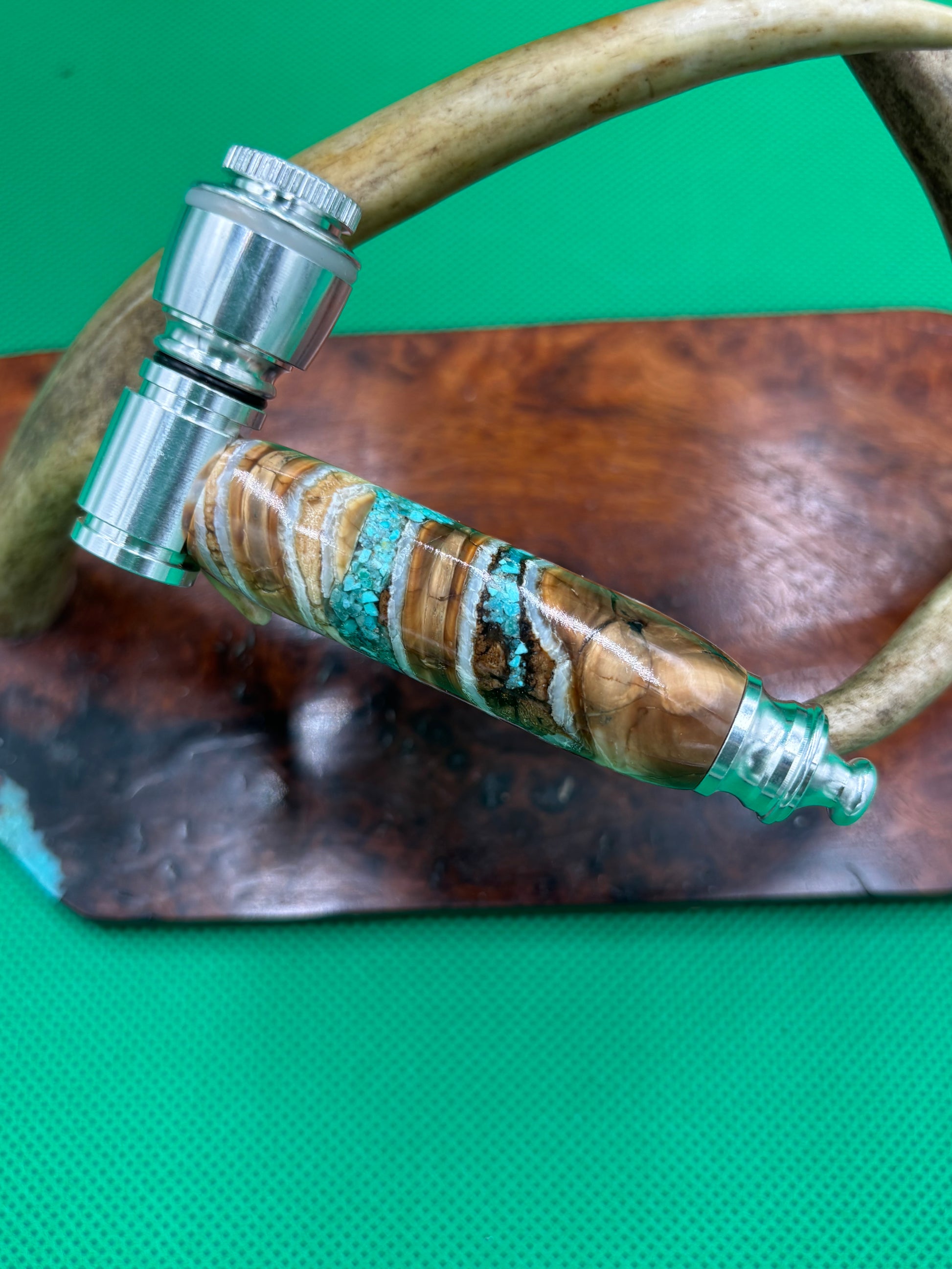 Mammoth Tooth Smoking Pipe Aluminum inlaid with turquoise