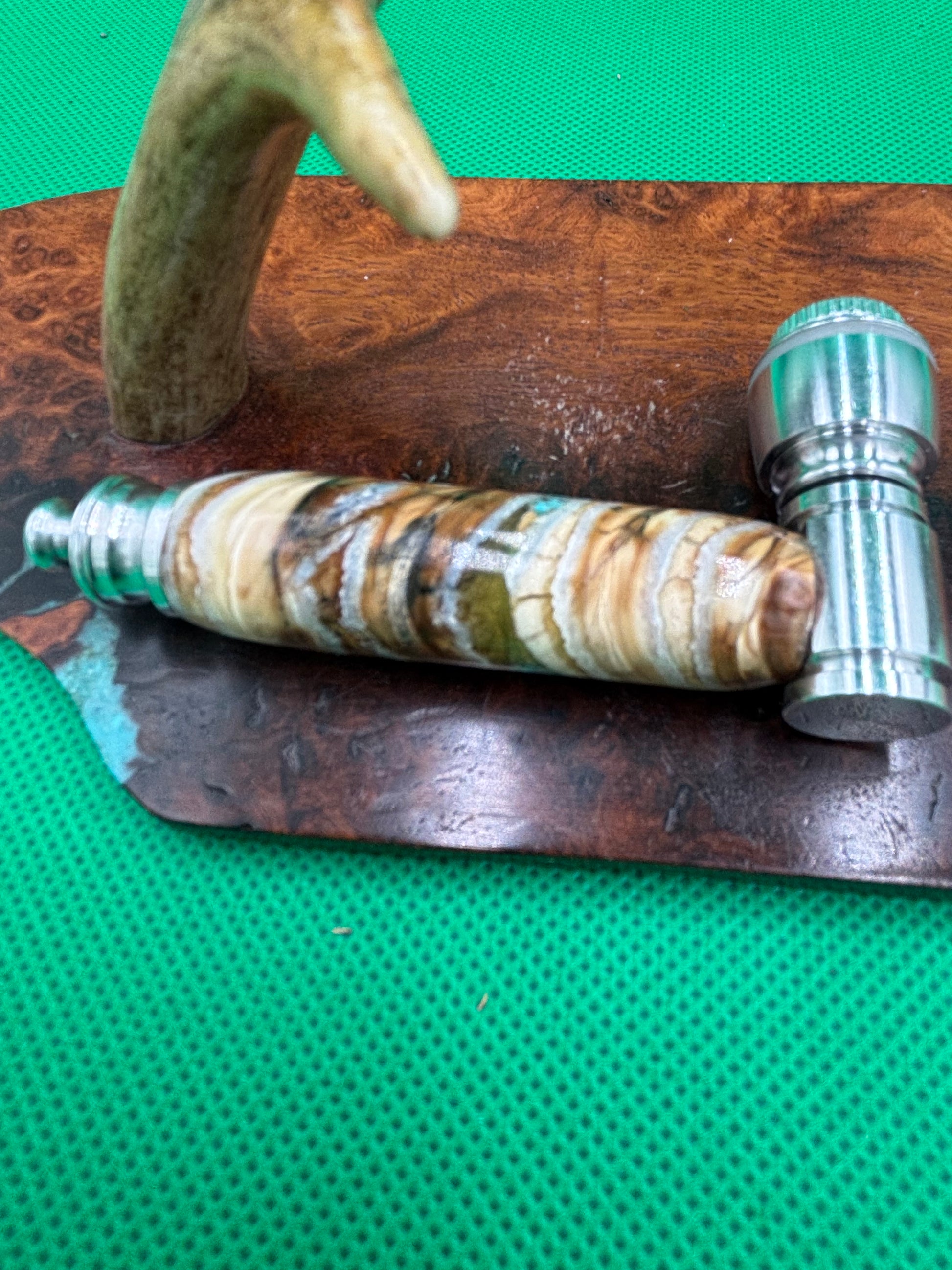 Mammoth Tooth Smoking Pipe Aluminum inlaid with turquoise