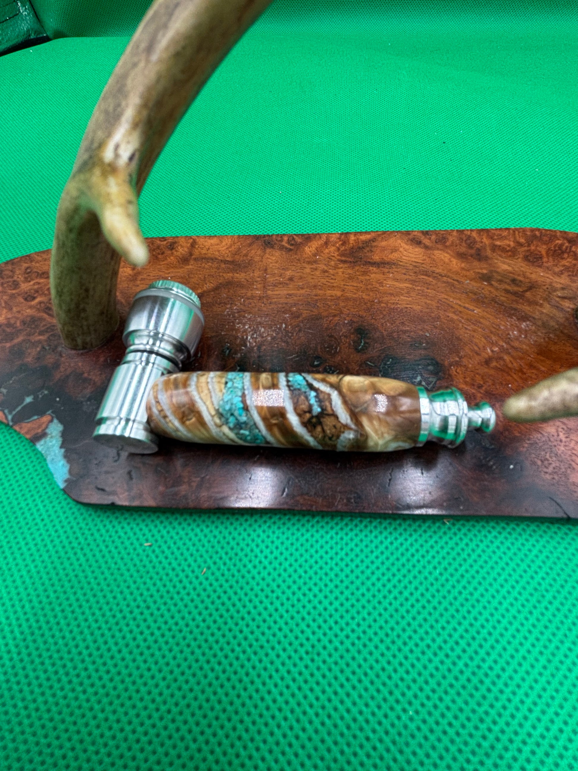 Mammoth Tooth Smoking Pipe Aluminum inlaid with turquoise