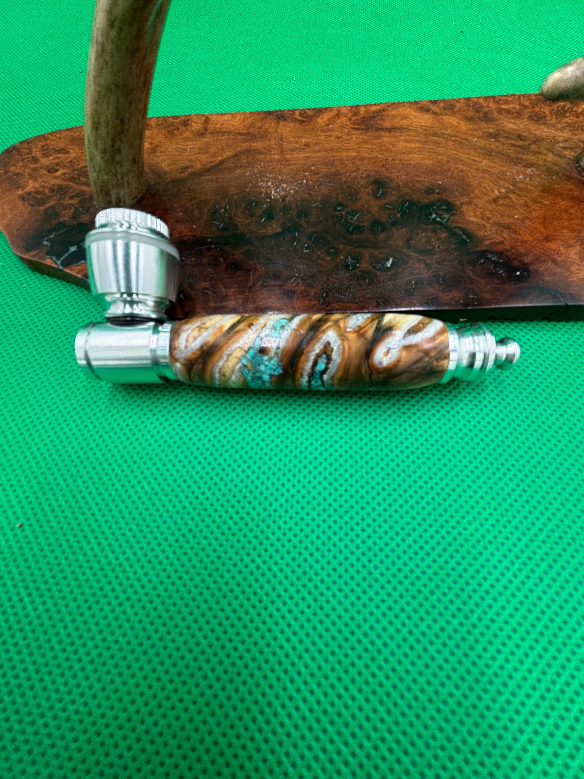 Mammoth Tooth Smoking Pipe Aluminum inlaid with turquoise